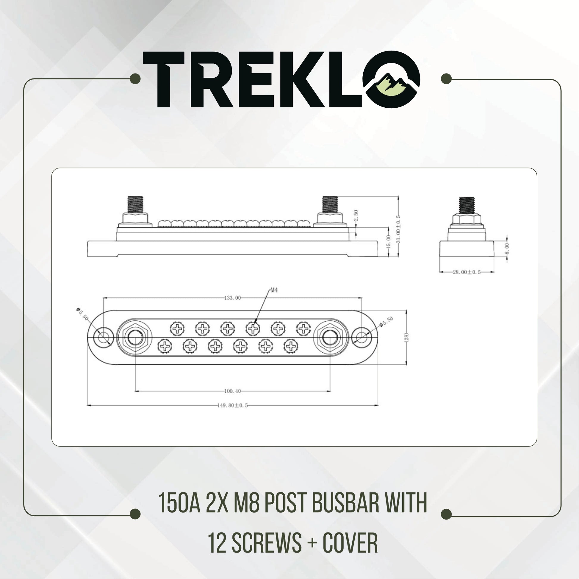 treklo 150a busbar 2 post m8 terminals with mounting hardware