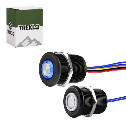 Treklo 3-way 12V dimmer switch kit in black aluminium with blue LED ring, wire leads and retail box
