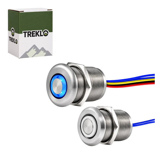 Treklo 3-way 12V dimmer switch kit in silver aluminium with blue LED ring, wire leads and retail box