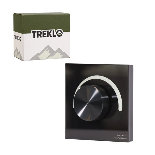 Treklo T1-K black glass rotary LED dimmer panel with black knob, shown with its Treklo retail box