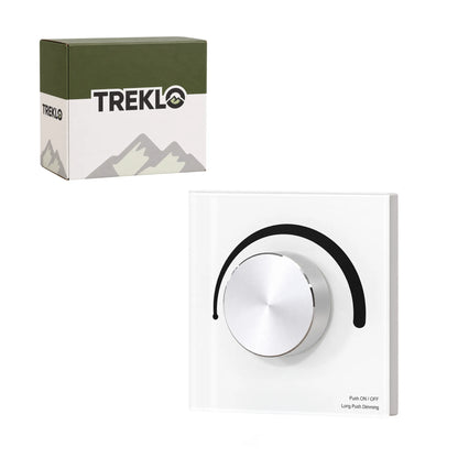 Treklo T1-K white glass rotary LED dimmer panel with silver knob, shown with its Treklo retail box
