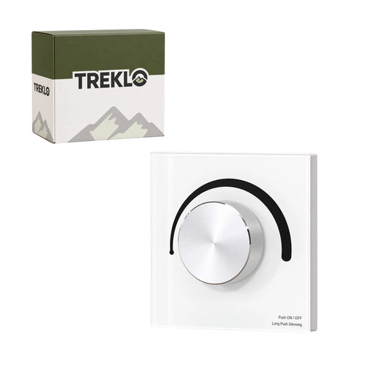 Treklo T1-K white glass rotary LED dimmer panel with silver knob, shown with its Treklo retail box