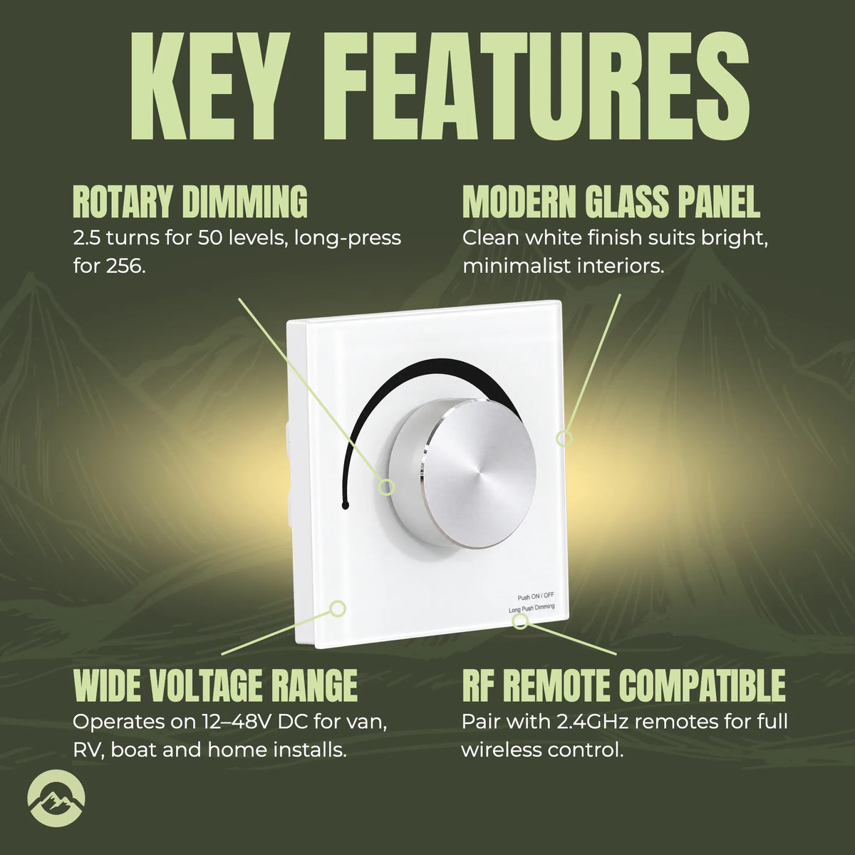 T1-K white dimmer key features: 2.5-turn rotary dimming, glass panel, 12–48V DC input and 2.4GHz RF remote support