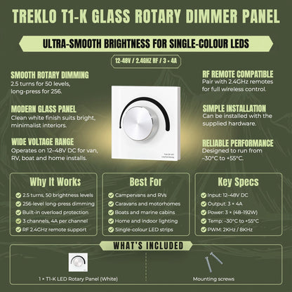 Treklo T1-K white glass rotary dimmer infographic with features, 12–48V DC specs, best uses and what's included