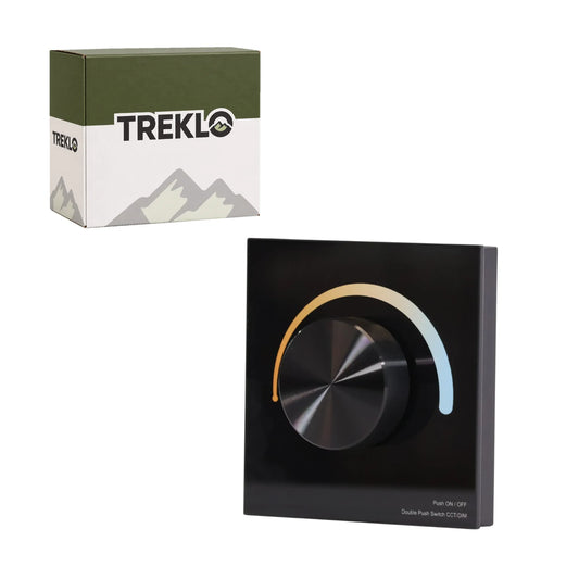 Treklo T2-K black glass CCT rotary dimmer panel with black knob, shown with its Treklo retail box