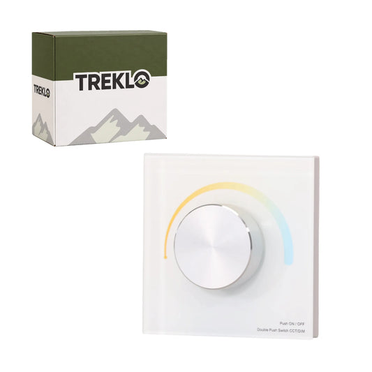 Treklo T2-K white glass CCT rotary dimmer panel with silver knob, shown with its Treklo retail box