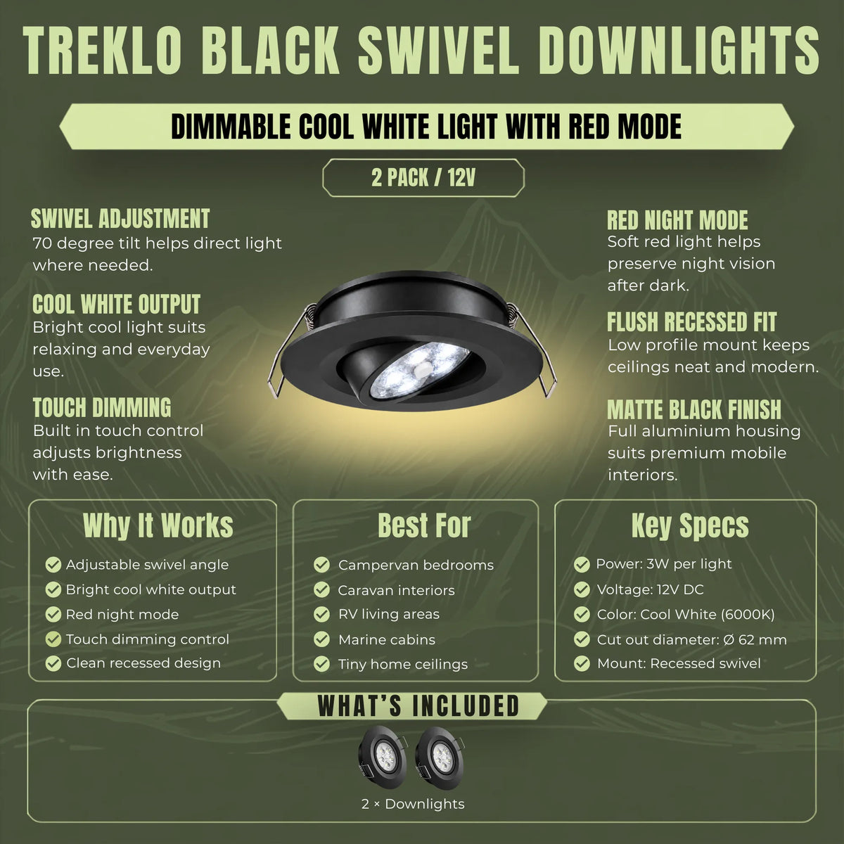 12v Treklo black ceiling lights with cool white illumination and red night lighting