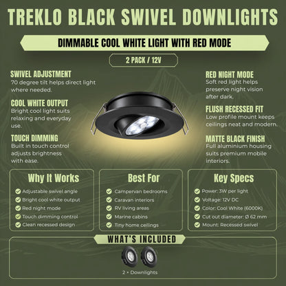 12v Treklo black ceiling lights with cool white illumination and red night lighting