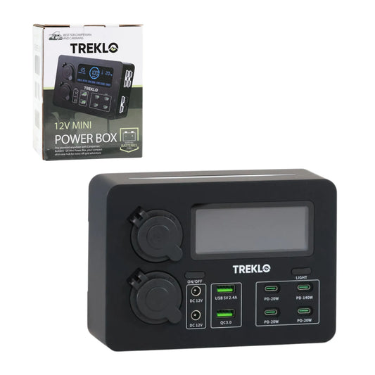 Treklo 12v Mini Power Box with USB C, USB A, DC outlets, and LCD display