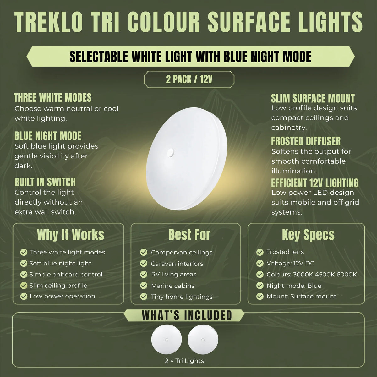 Selectable colour Treklo LED ceiling lights for campervan living and sleeping areas