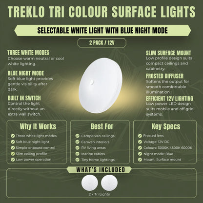 Selectable colour Treklo LED ceiling lights for campervan living and sleeping areas
