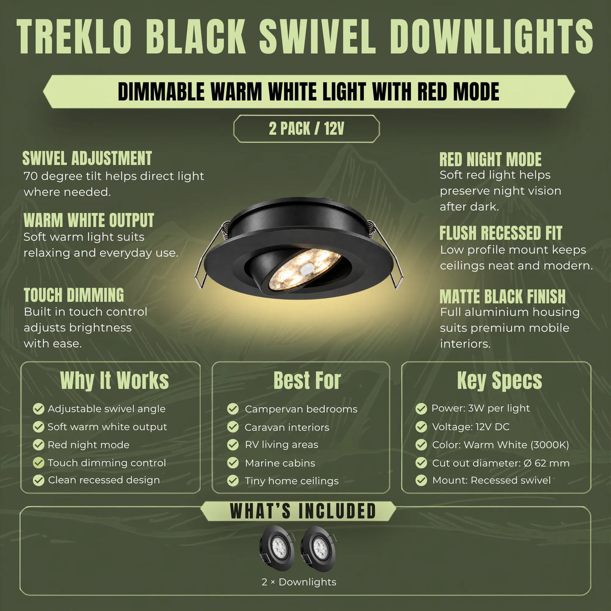 12v Treklo black ceiling lights with warm white illumination and red night lighting