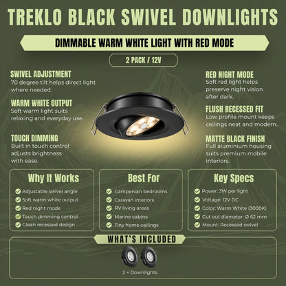 12v Treklo black ceiling lights with warm white illumination and red night lighting