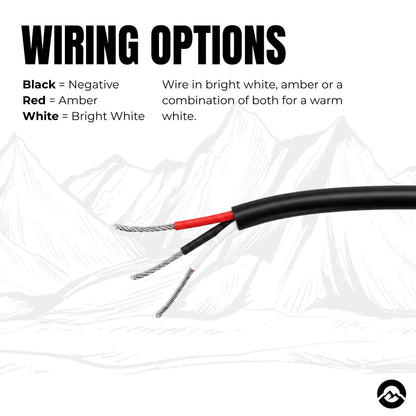 Wiring options diagram showing a black cable with exposed wire ends, labeled for negative (black), amber (red), and white (bright white) wire colors, with faint mountain line art in the background.