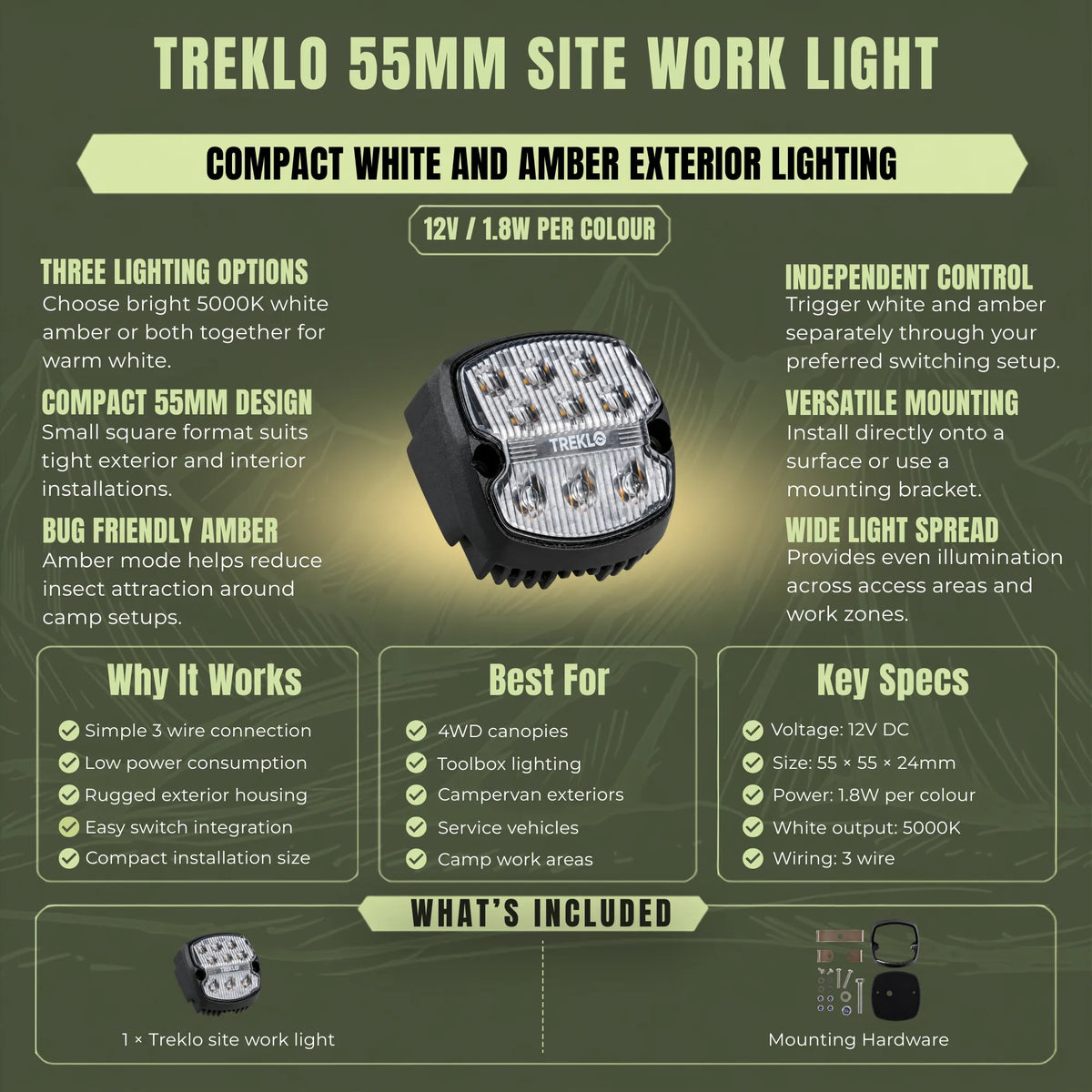 Treklo compact 55mm LED work light for illuminating vehicle equipment and outdoor work areas