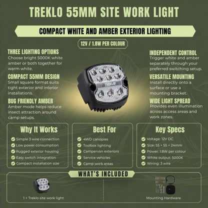 Treklo compact 55mm LED work light for illuminating vehicle equipment and outdoor work areas
