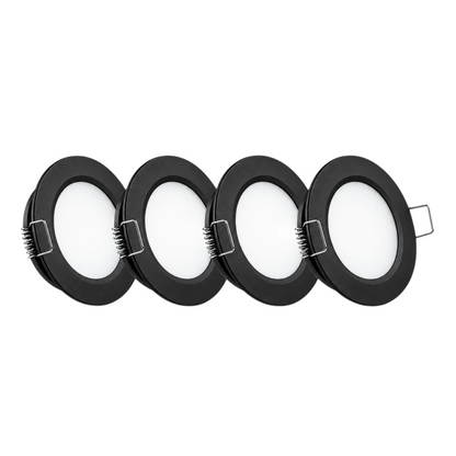 Treklo black 12v LED downlights four pack with cool white illumination for caravan interiors