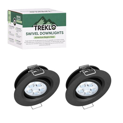 Treklo black 12v swivel downlights in a two pack with cool white light for caravan ceilings