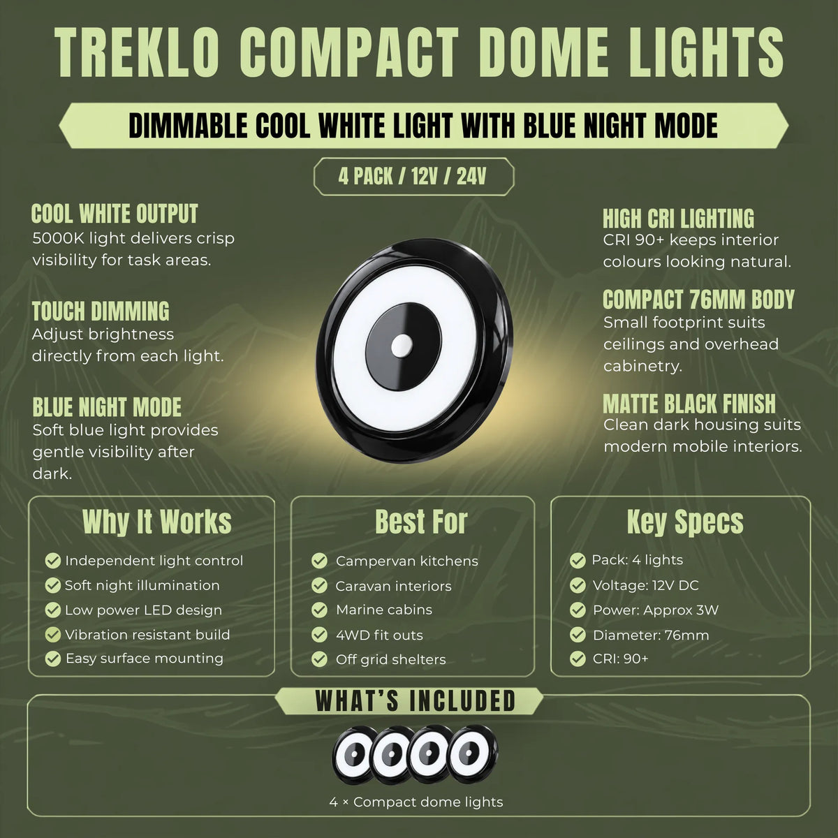 Black Treklo dimmable dome lights with blue night mode for caravan ceiling installations