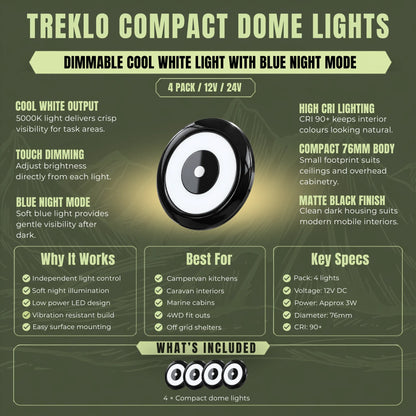 Black Treklo dimmable dome lights with blue night mode for caravan ceiling installations