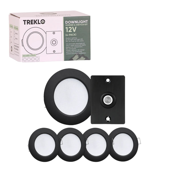Treklo black downlight kit with four warm white LED lights plus dimmer and switch control