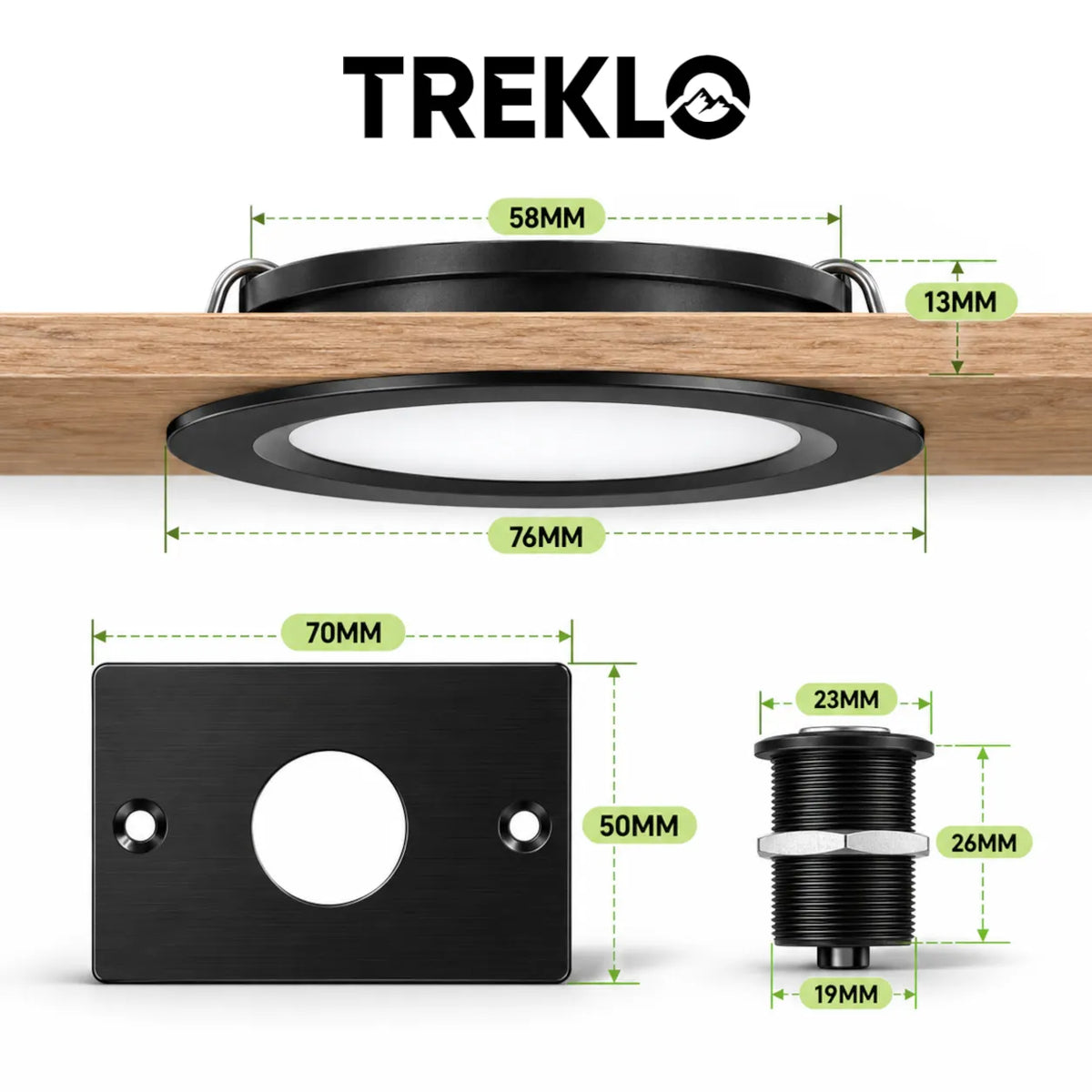 Treklo black motorhome lighting package with four ceiling downlights and switch control