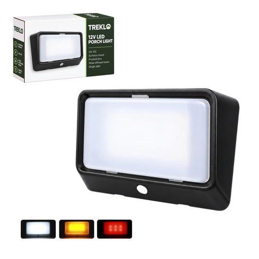 A 12V LED porch light by Treklo shown illuminated in a rectangular black housing, with its retail box in the upper left and three small indicator light panels at the bottom showing white, amber, and red outputs.