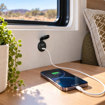Treklo campervan 100W USB C outlet for charging compatible laptops alongside USB A accessories