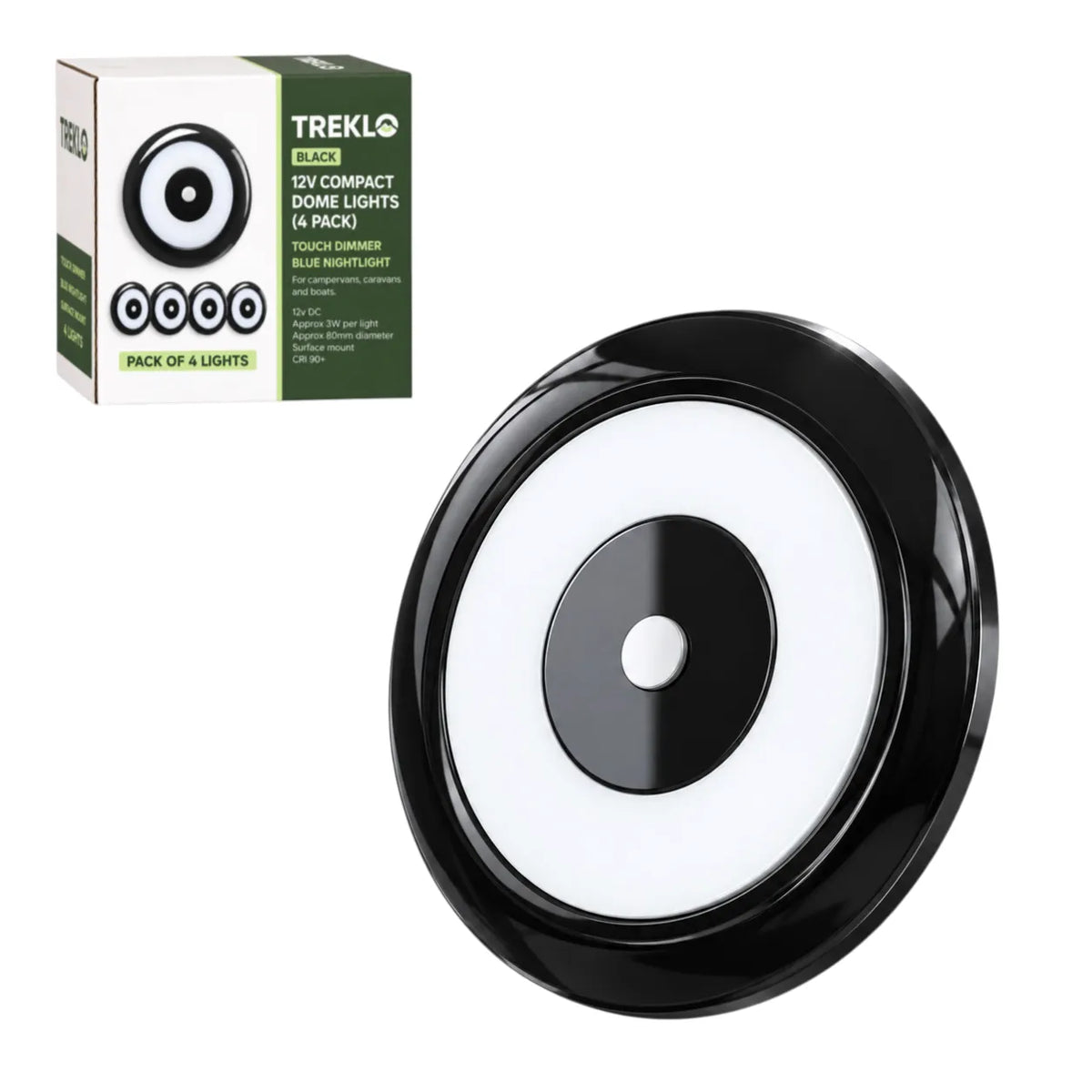 Treklo compact black 12v dome light four pack with cool white output, dimming, and blue nightlight