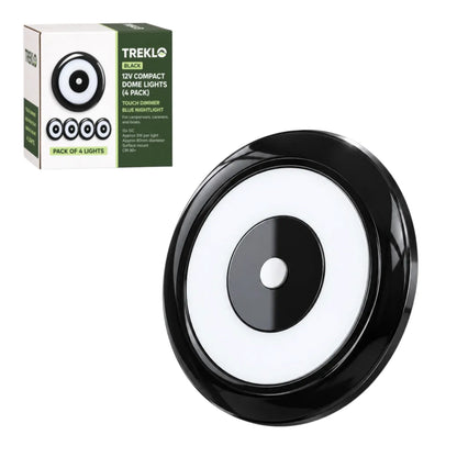 Treklo compact black 12v dome light four pack with cool white output, dimming, and blue nightlight