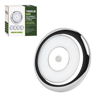 Treklo compact silver 12v dome light four pack with cool white illumination, dimming, and blue nightlight