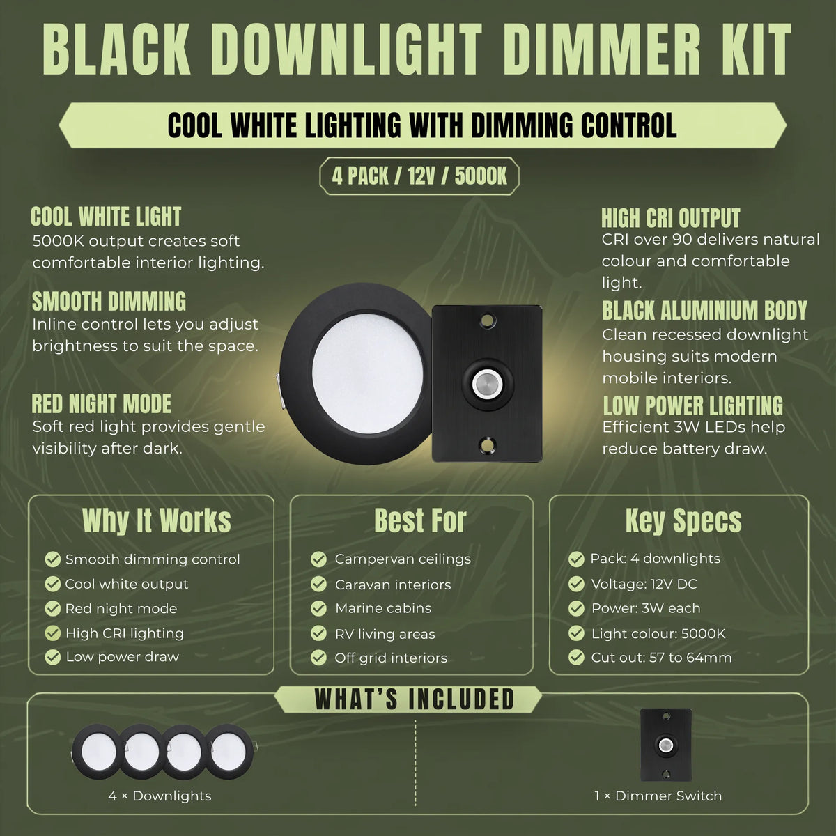 Cool white Treklo ceiling lighting set with black LED fixtures and adjustable brightness control