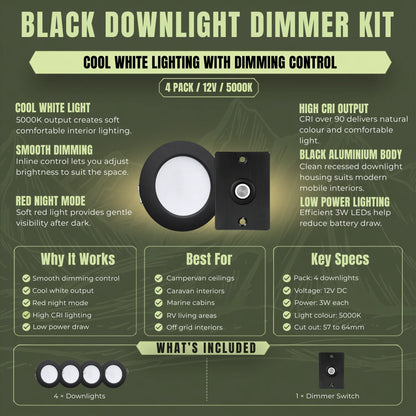 Cool white Treklo ceiling lighting set with black LED fixtures and adjustable brightness control