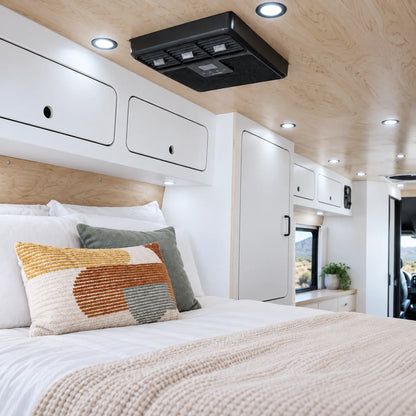 Treklo cool white campervan downlights with black surrounds for clean interior illumination