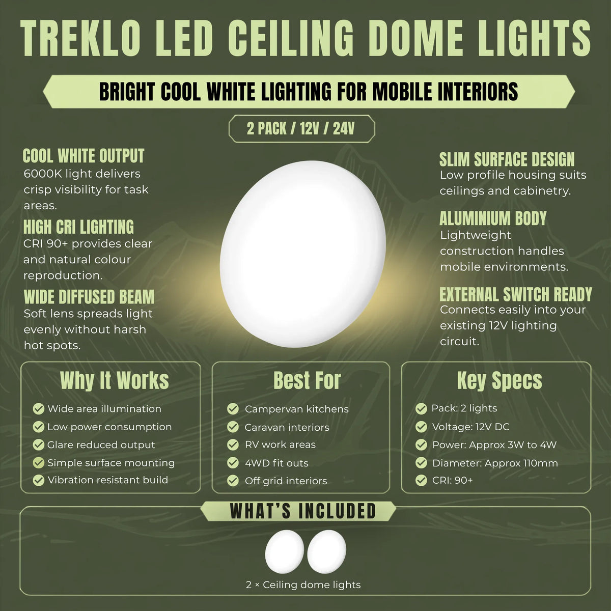 Treklo cool white caravan dome ceiling lights for bright and practical overhead lighting