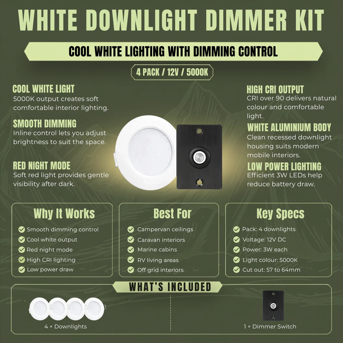 Cool white Treklo LED ceiling lights in white with variable brightness adjustment for caravans