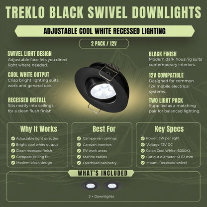 Cool white recessed Treklo lights with black surrounds and adjustable swivel positioning