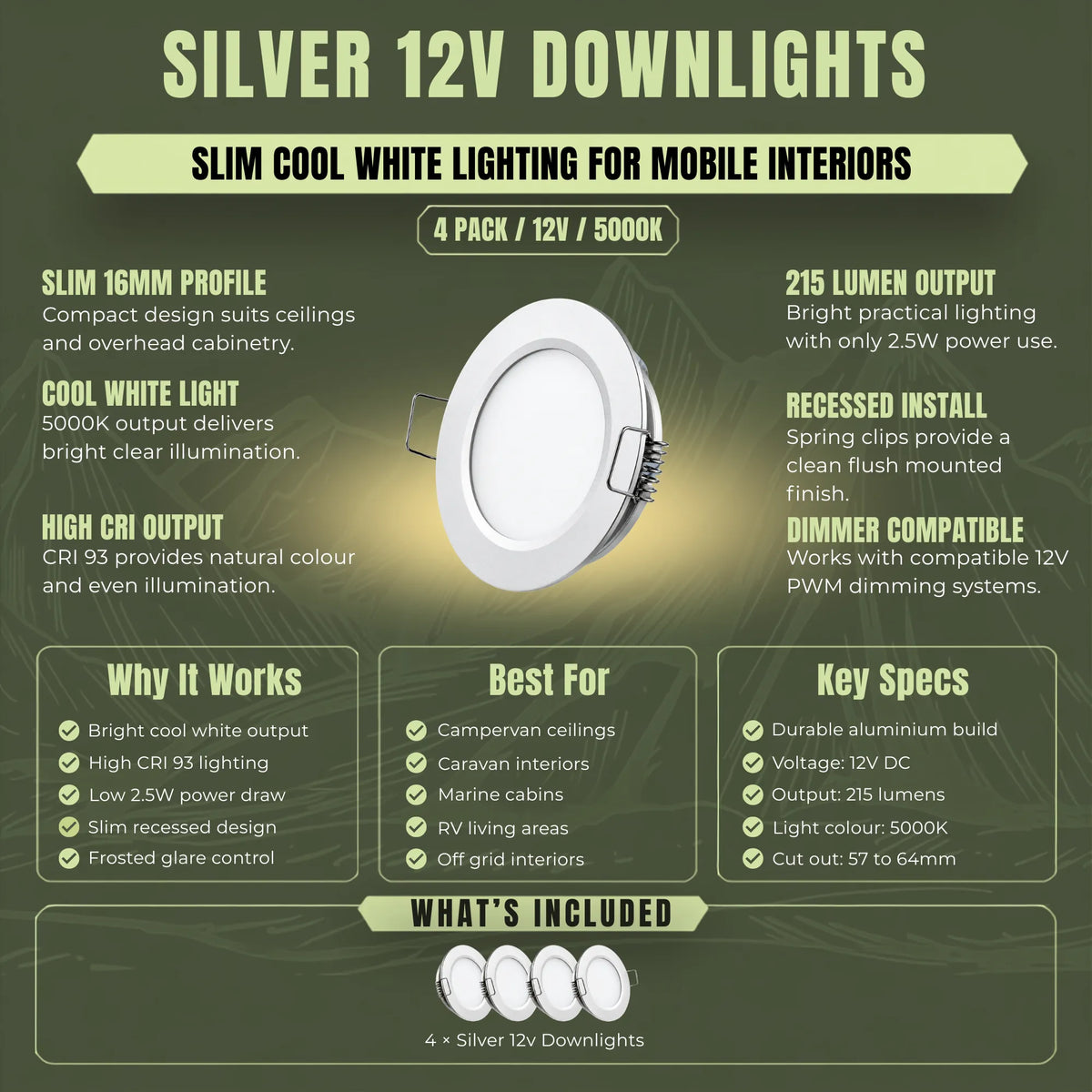 Cool white Treklo LED ceiling light set in silver for campervan interior installations