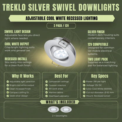 Cool white Treklo silver ceiling lights with swivel adjustment for bright campervan interiors