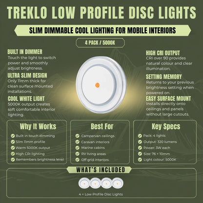 Cool white slim Treklo LED ceiling discs for clean and practical campervan lighting installations
