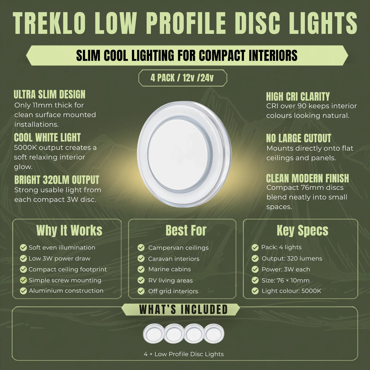 Slim Treklo cool white LED disc ceiling lamps for bright campervan interior illumination