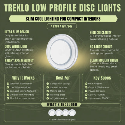 Slim Treklo cool white LED disc ceiling lamps for bright campervan interior illumination