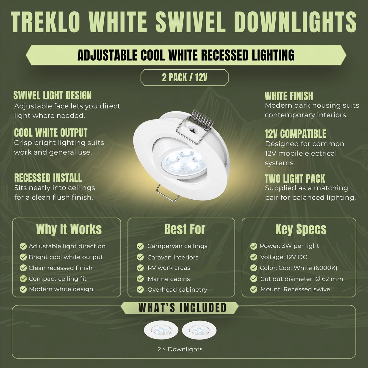 Cool white Treklo ceiling light pair in white with pivot adjustment for caravan interiors