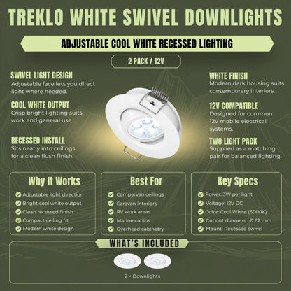 Cool white Treklo ceiling light pair in white with pivot adjustment for caravan interiors
