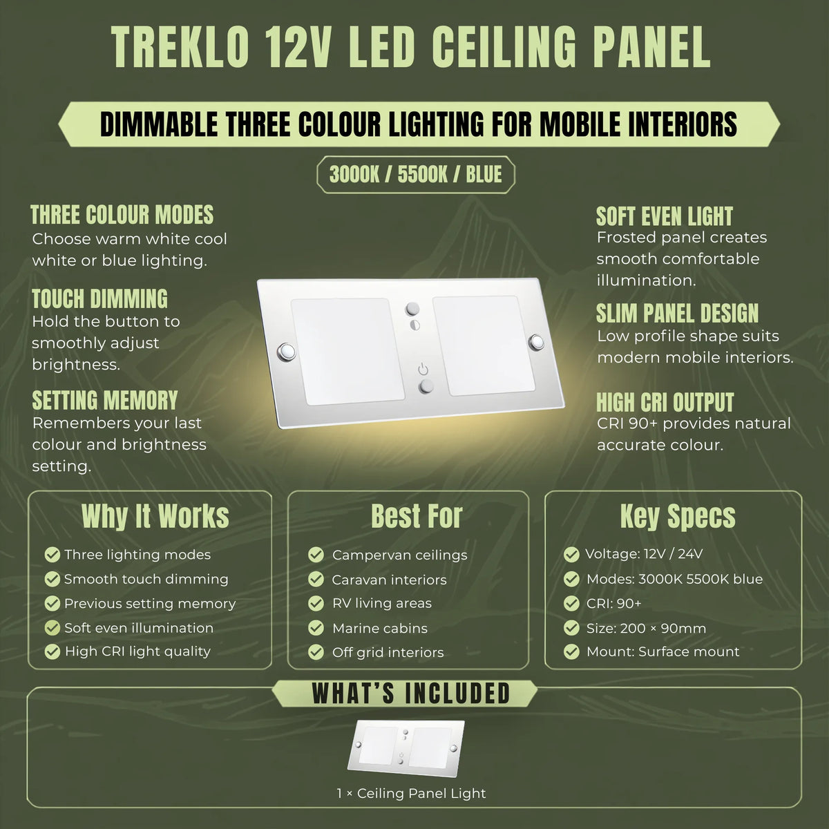 Dimmable Treklo 3 colour LED ceiling panel for campervan living and sleeping areas