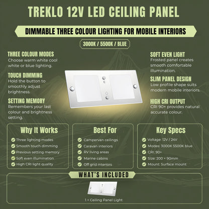 Dimmable Treklo 3 colour LED ceiling panel for campervan living and sleeping areas