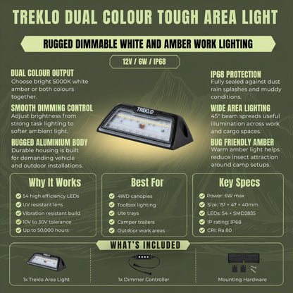 Treklo dual colour tough area light with dimmer for caravan, campervan, and 4WD exterior lighting