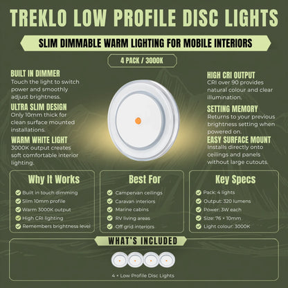 Four slim Treklo LED ceiling discs providing comfortable warm illumination inside campervans