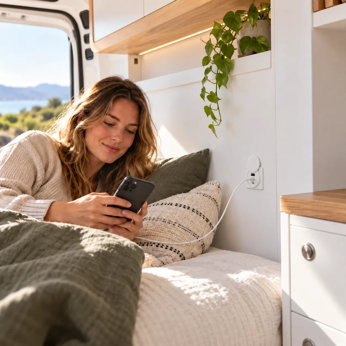 White high power Treklo USB C outlet for campervans without a large panel cut out