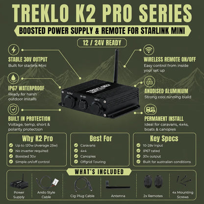 Treklo K2 boosted power supply with remote for Starlink Mini off grid systems